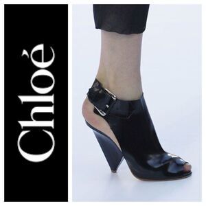 Chloe Black Patent Leather Peep-Toe Buckle Accent Heels